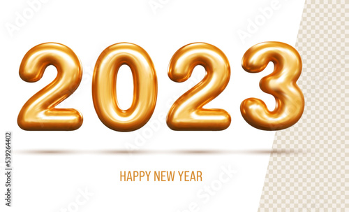 Happy New Year 2023. Realistic golden metal number with shadows. Gold 2023 3d illustration Christmas poster, cover card, flyer, template. Vector xmas brochure