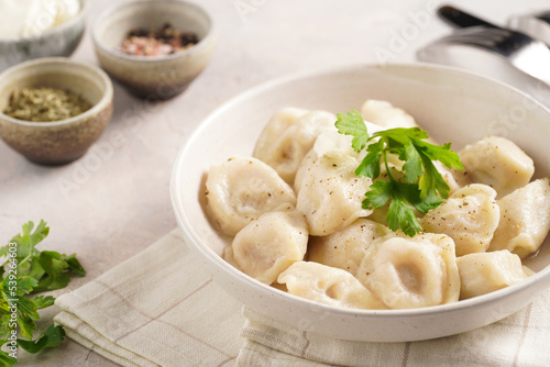 traditional ukrainian east european dish varenyky or chinese wan tan or dim sum - dumplings stuffed with minced meat, fresh cilantro, herbs in white bowl on beige colored kitchen towel