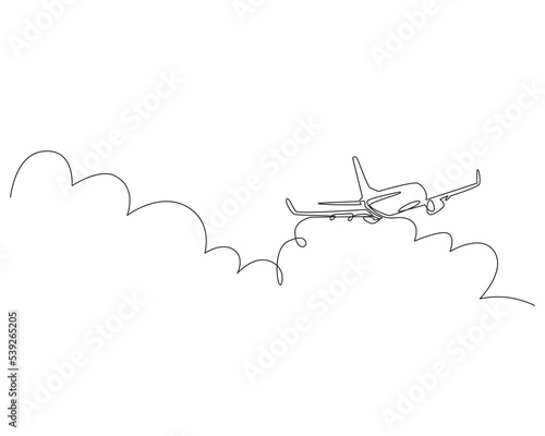 commercial plane continuous single line. Plane flying over the cloud one line vector illustration