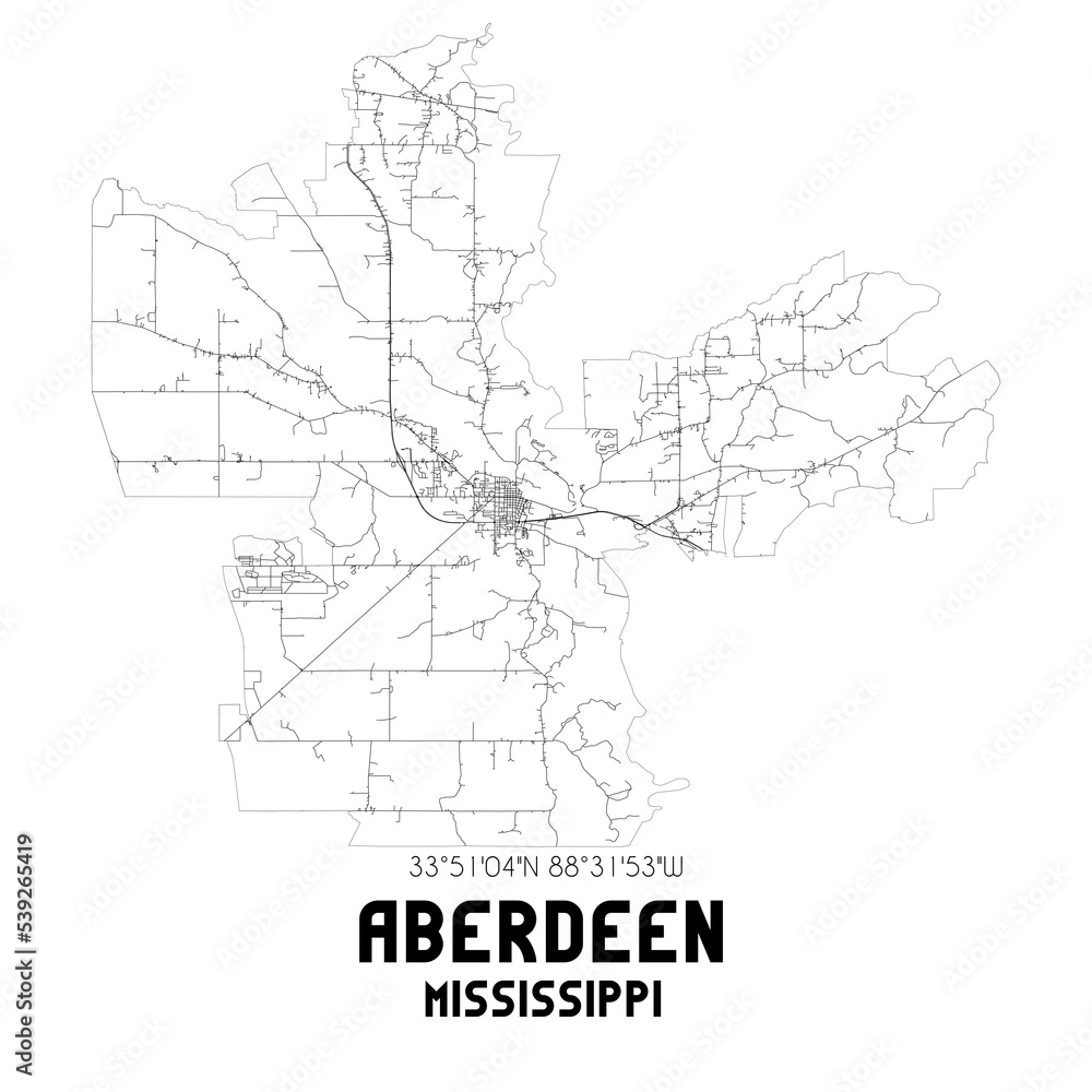 Aberdeen Mississippi. US street map with black and white lines.