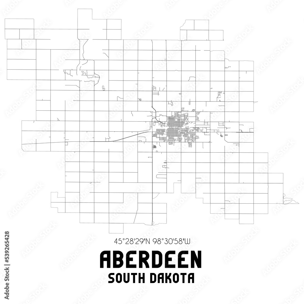 Aberdeen South Dakota. US street map with black and white lines.