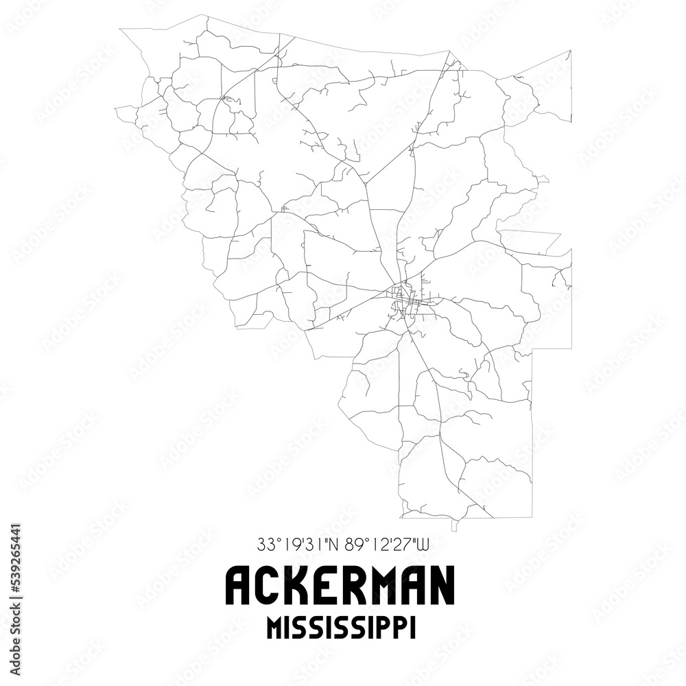 Ackerman Mississippi. US street map with black and white lines. Stock