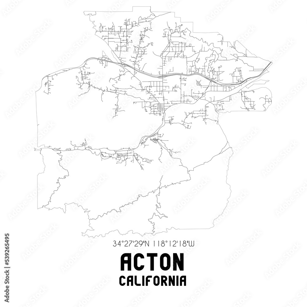 Acton California. US street map with black and white lines.