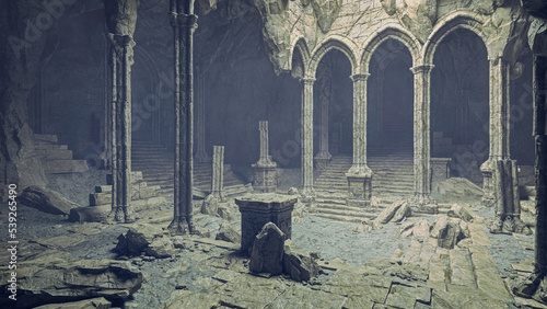 Mysterious ancient underground temple ruin with large stone steps and arches. 3D rendering.