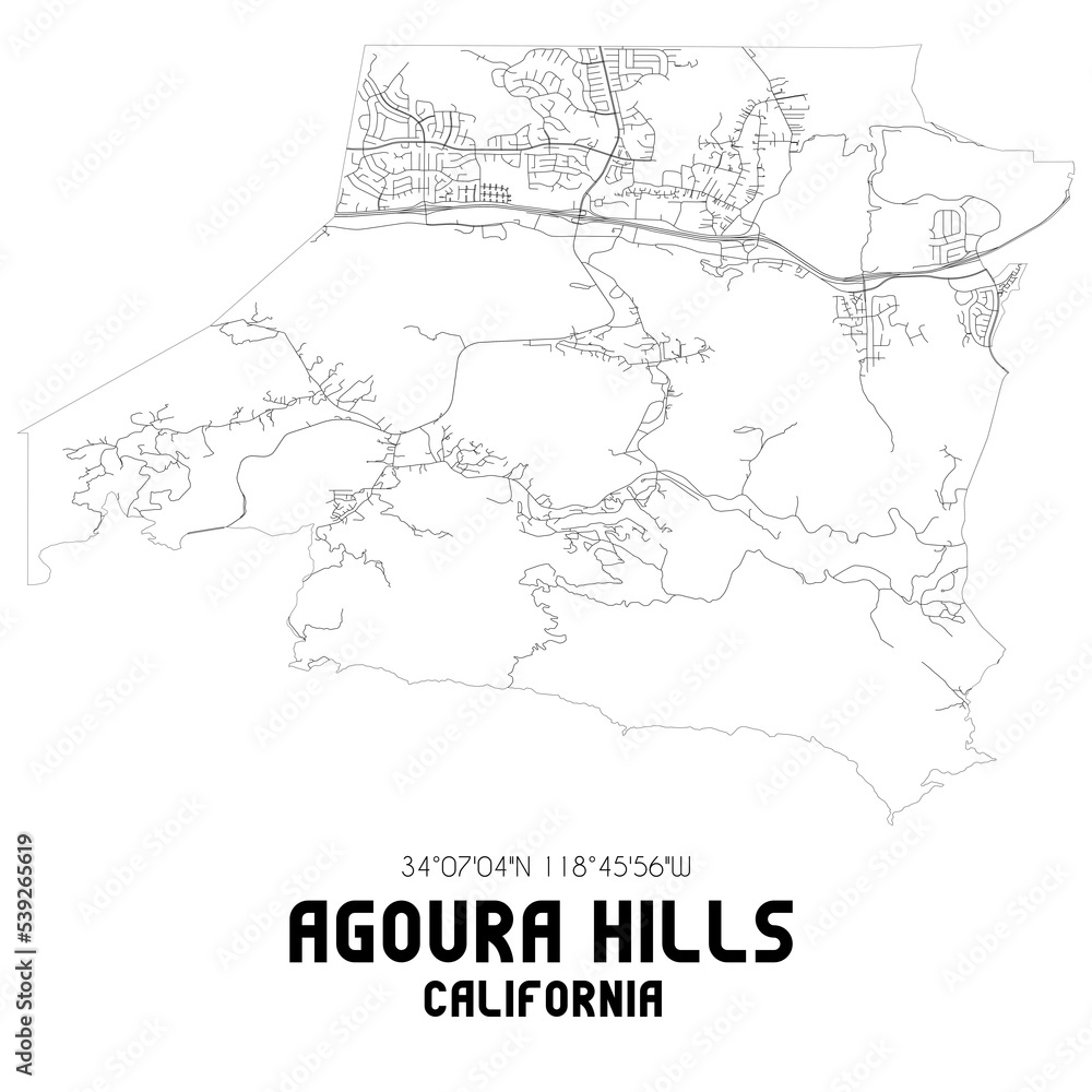 Agoura Hills California. US street map with black and white lines.
