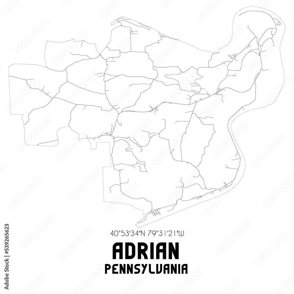 Adrian Pennsylvania. US street map with black and white lines.