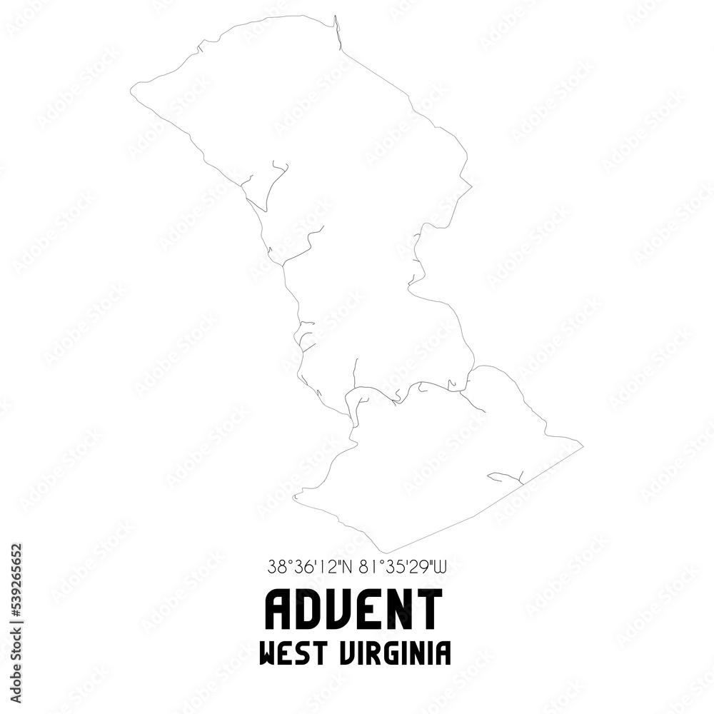 Advent West Virginia. US street map with black and white lines.