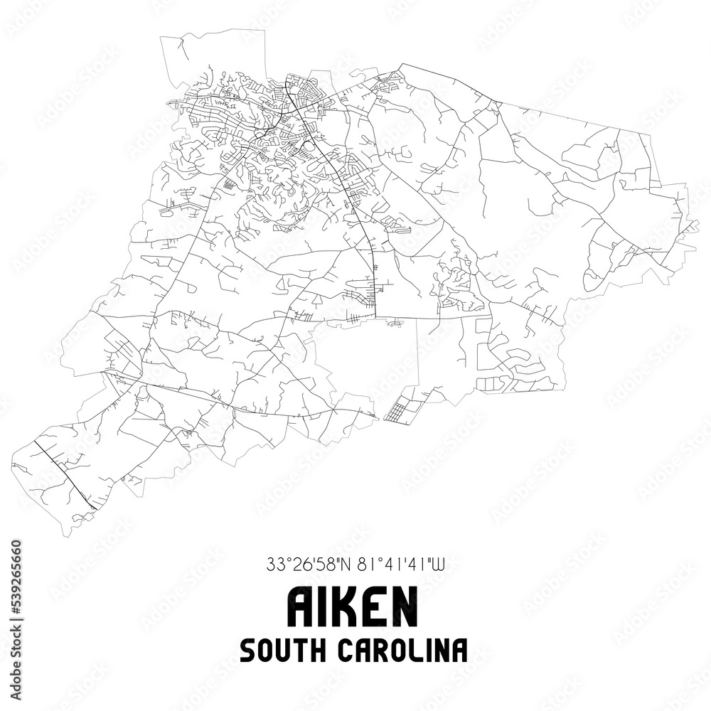 Aiken South Carolina. US street map with black and white lines.