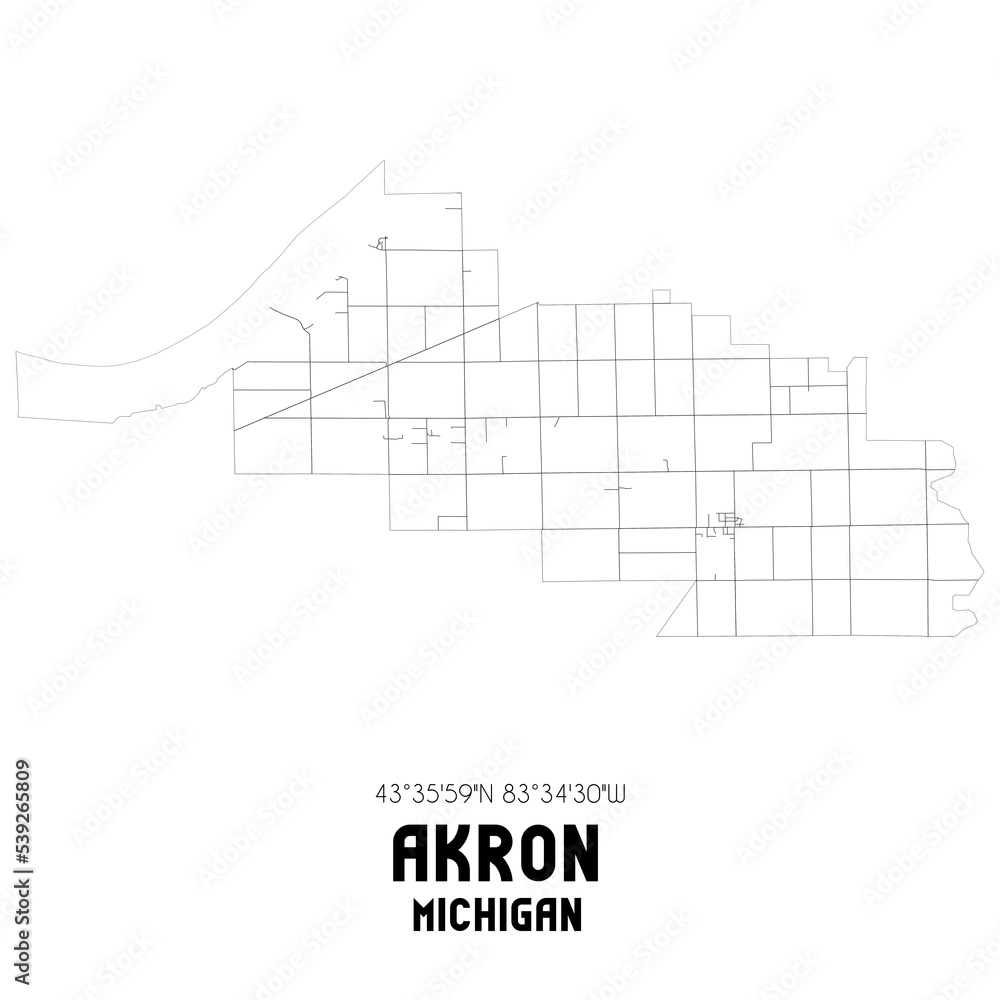 Akron Michigan. US street map with black and white lines. Akron Michigan. US street map with black and white lines.