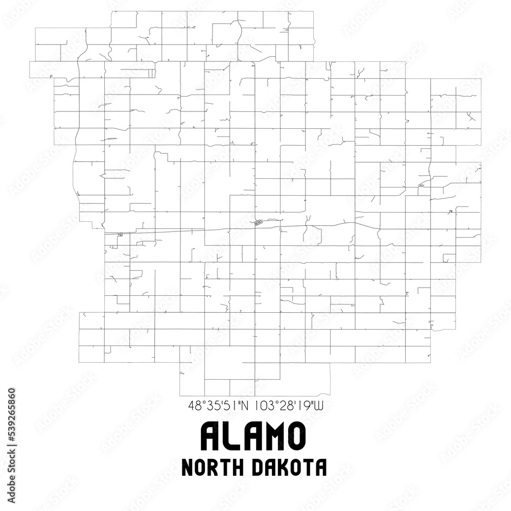 Alamo North Dakota. US street map with black and white lines. Alamo North Dakota. US street map with black and white lines.