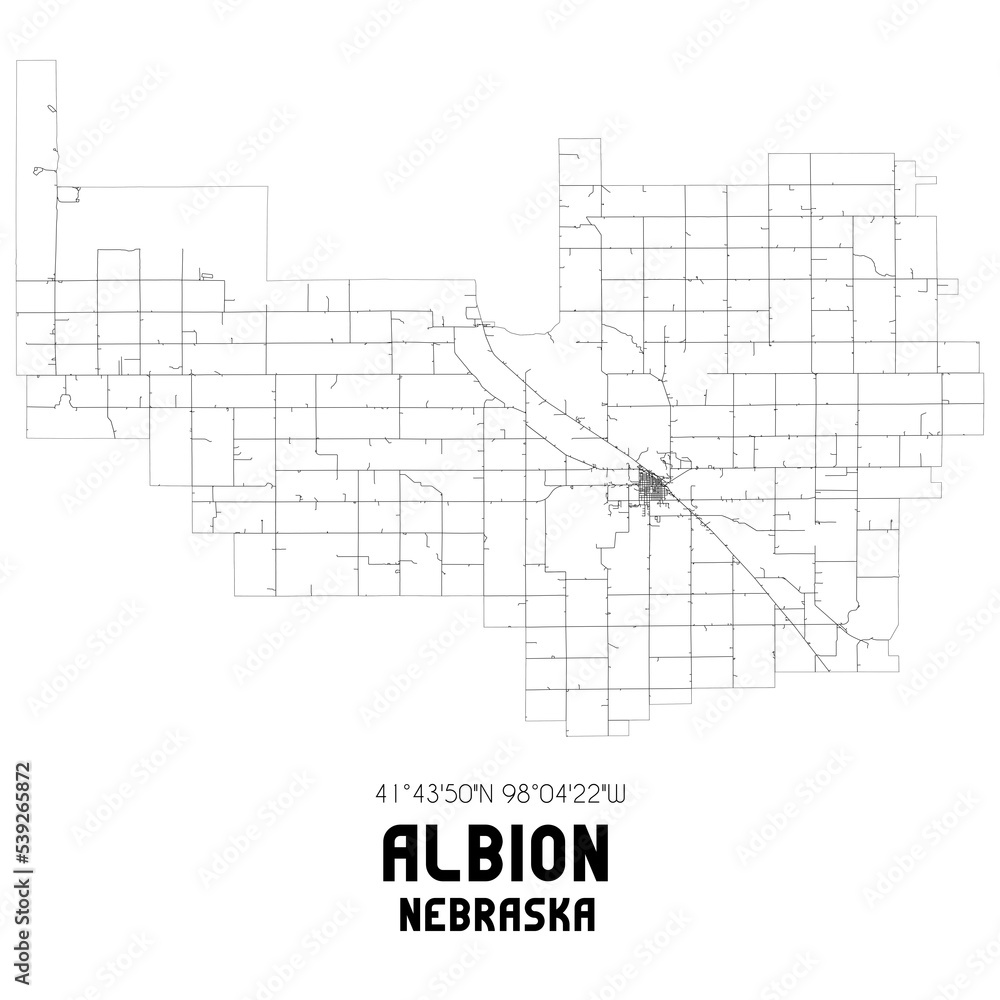 Albion Nebraska. US street map with black and white lines.