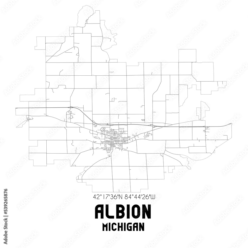Albion Michigan. US street map with black and white lines.