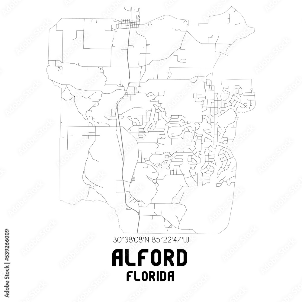 Alford Florida. US street map with black and white lines.