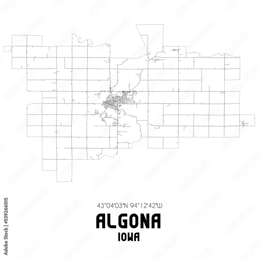 Algona Iowa. US street map with black and white lines.