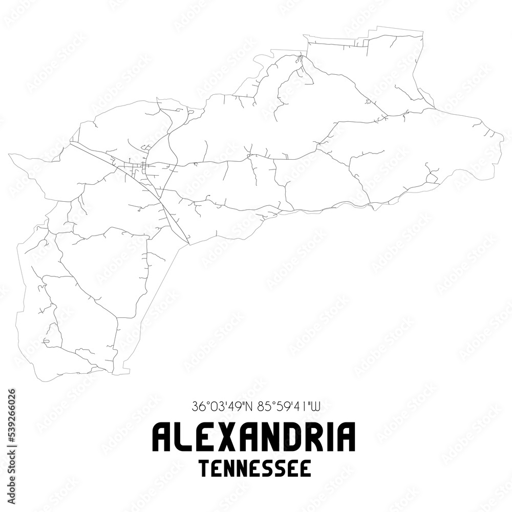 Alexandria Tennessee. US street map with black and white lines.