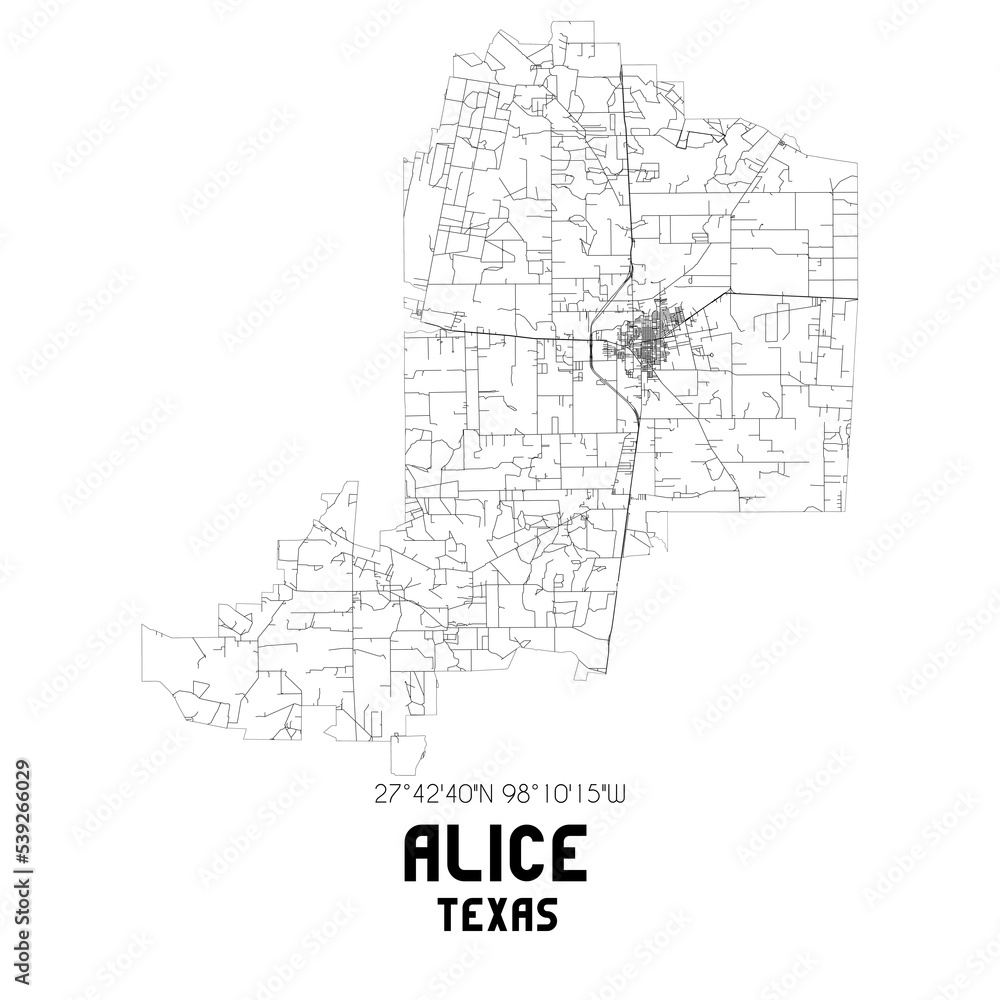 Alice Texas. US street map with black and white lines.