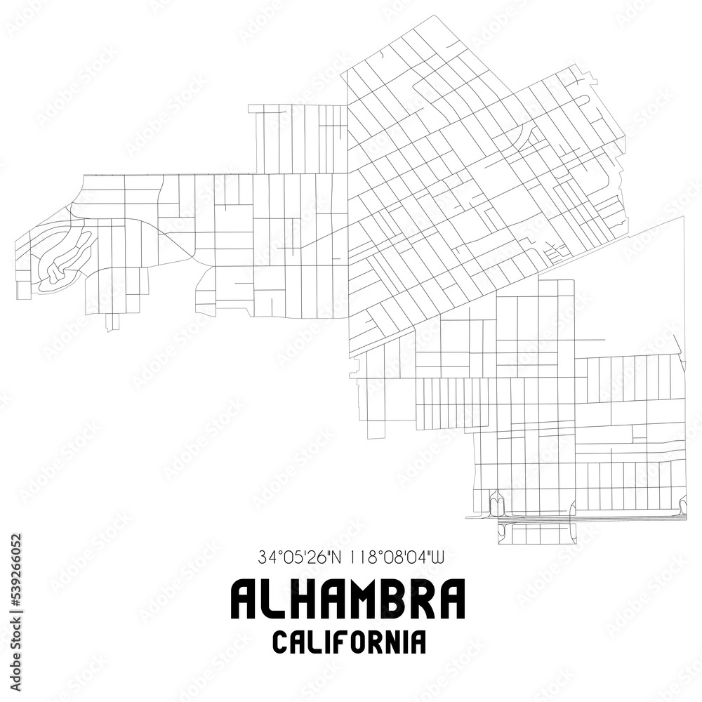 Alhambra California. US street map with black and white lines.