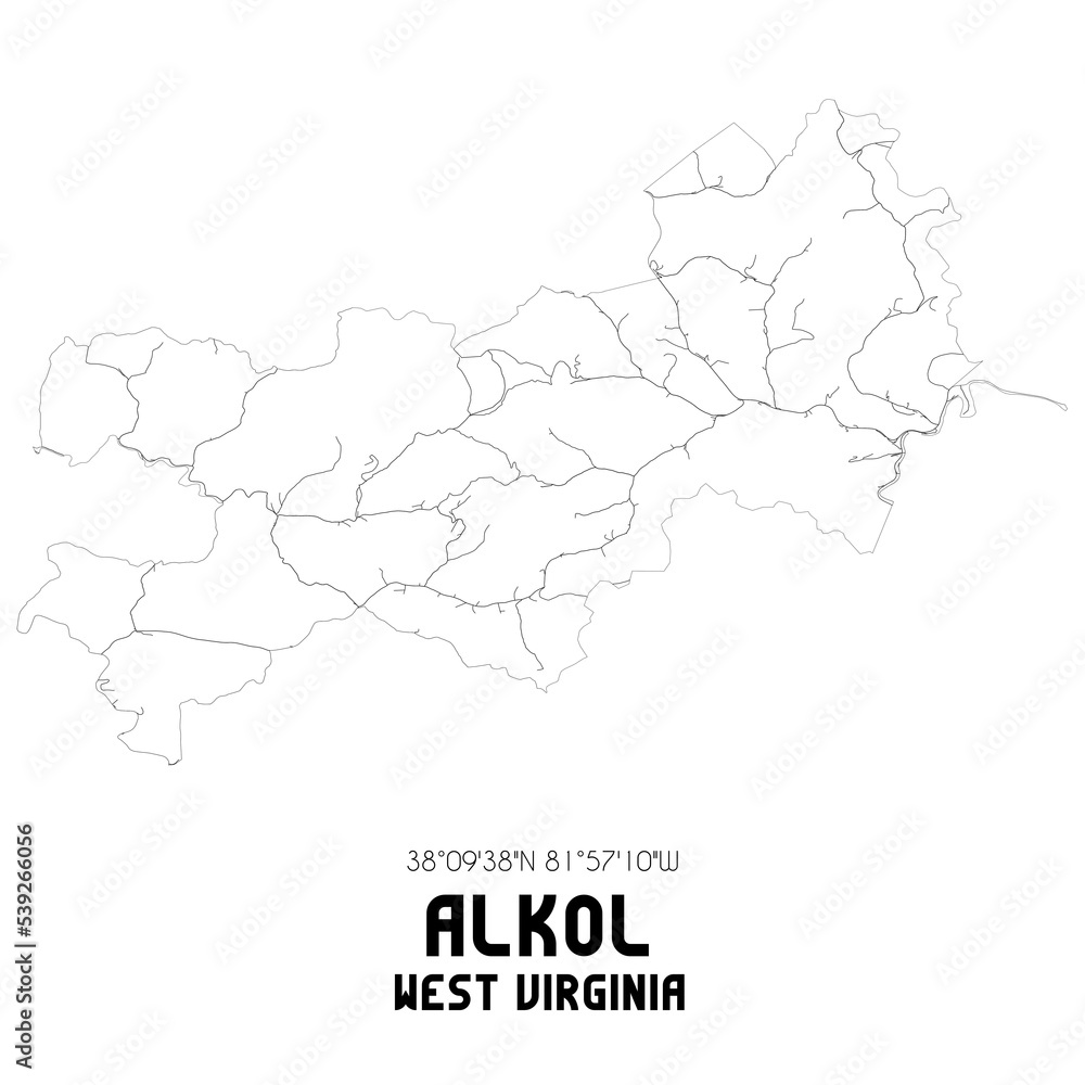 Alkol West Virginia. US street map with black and white lines.