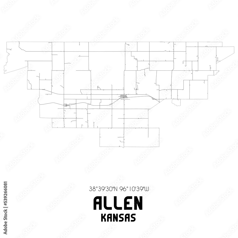 Allen Kansas. US street map with black and white lines.