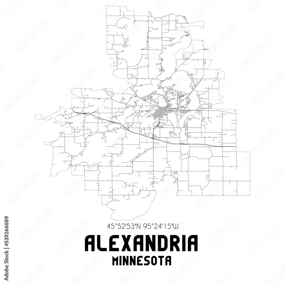 Alexandria Minnesota. US street map with black and white lines.