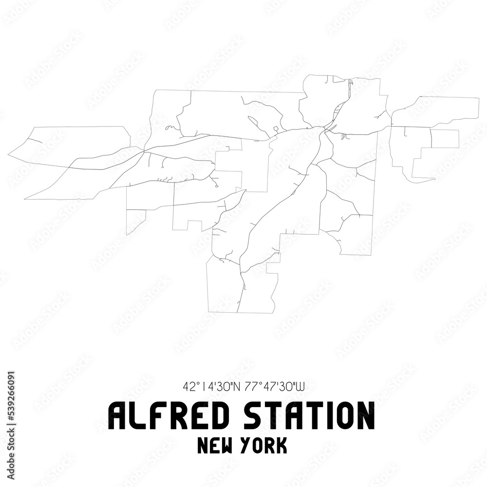 Alfred Station New York. US street map with black and white lines.