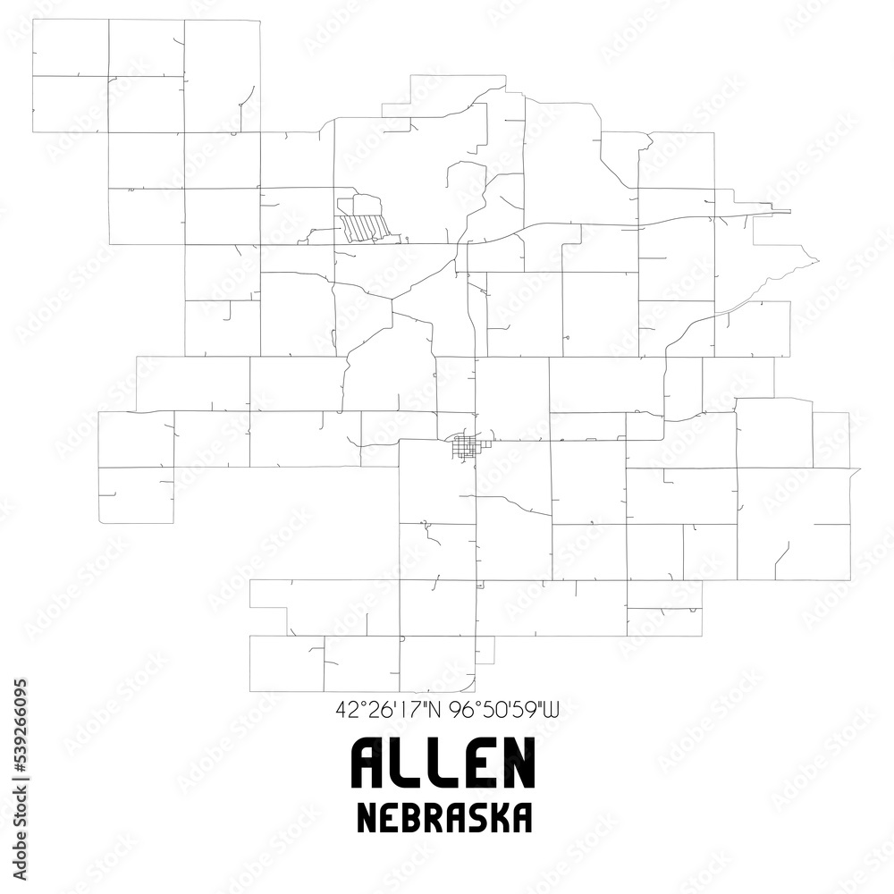 Allen Nebraska. US street map with black and white lines.