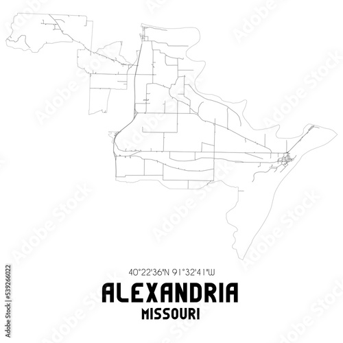 Alexandria Missouri. US street map with black and white lines.