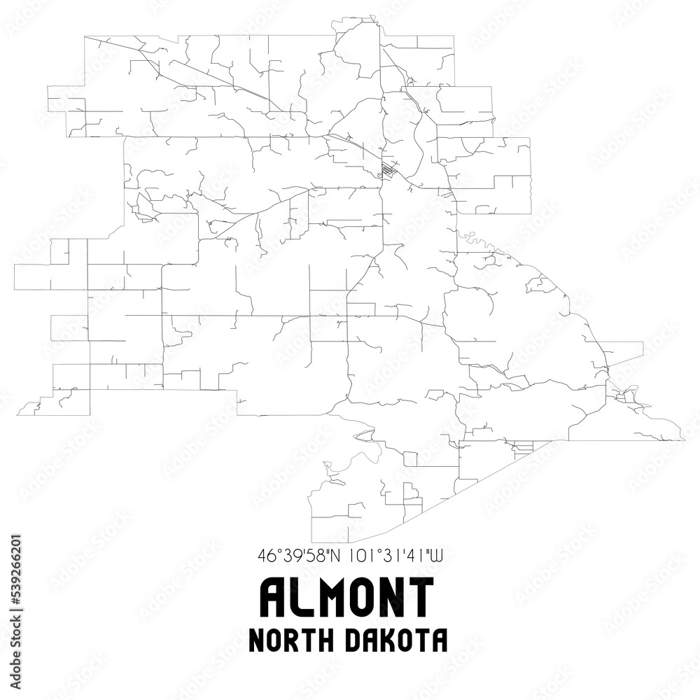Almont North Dakota. US street map with black and white lines.