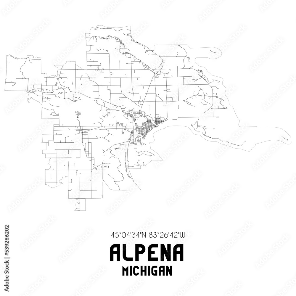 Alpena Michigan. US street map with black and white lines.