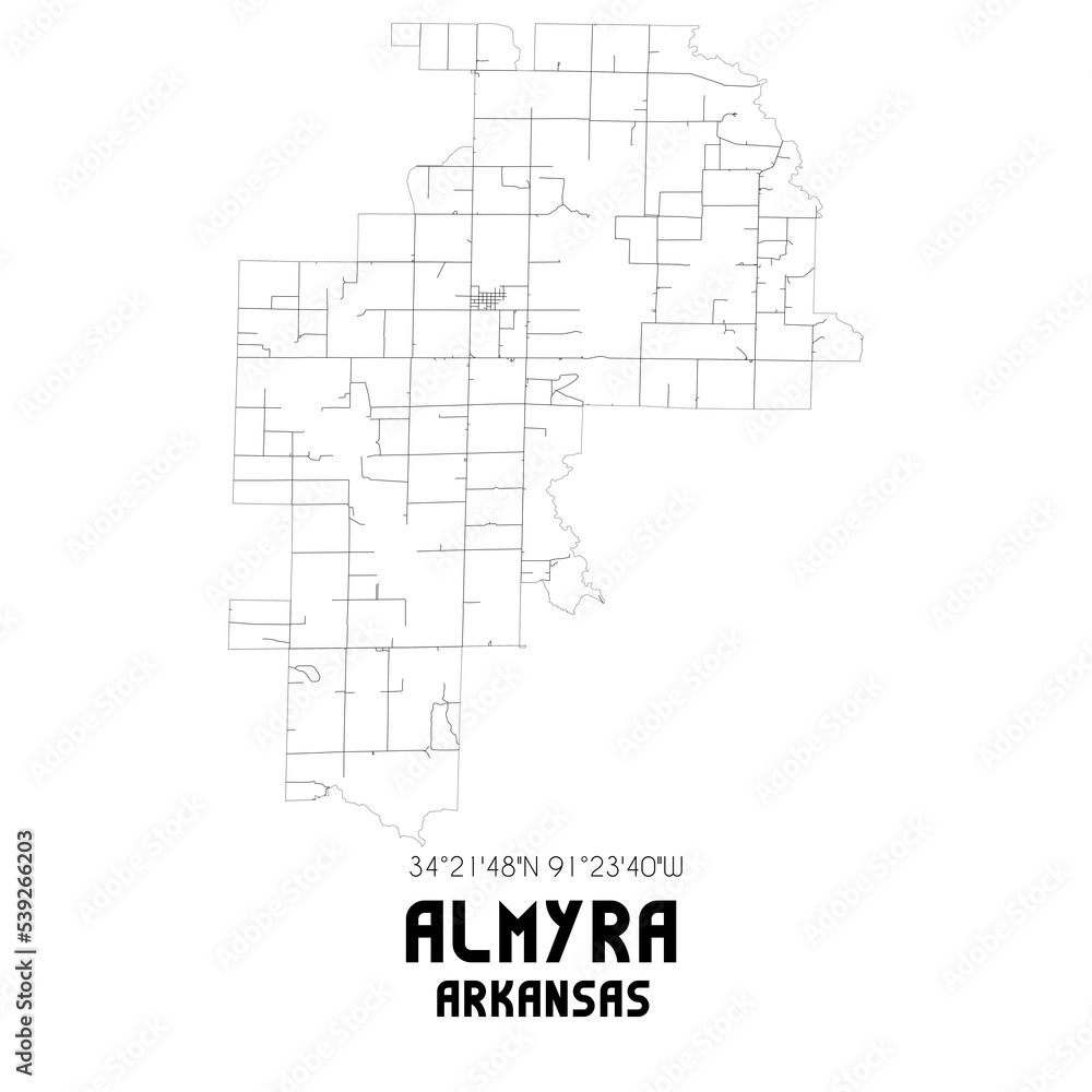 Almyra Arkansas. US street map with black and white lines.