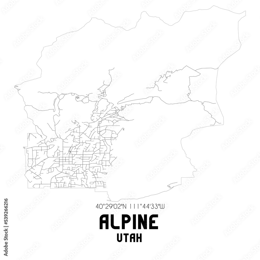 Alpine Utah. US street map with black and white lines.