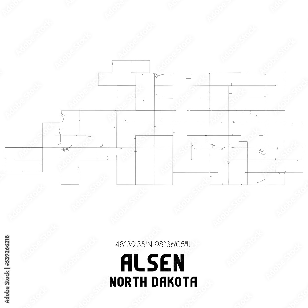 Alsen North Dakota. US street map with black and white lines.