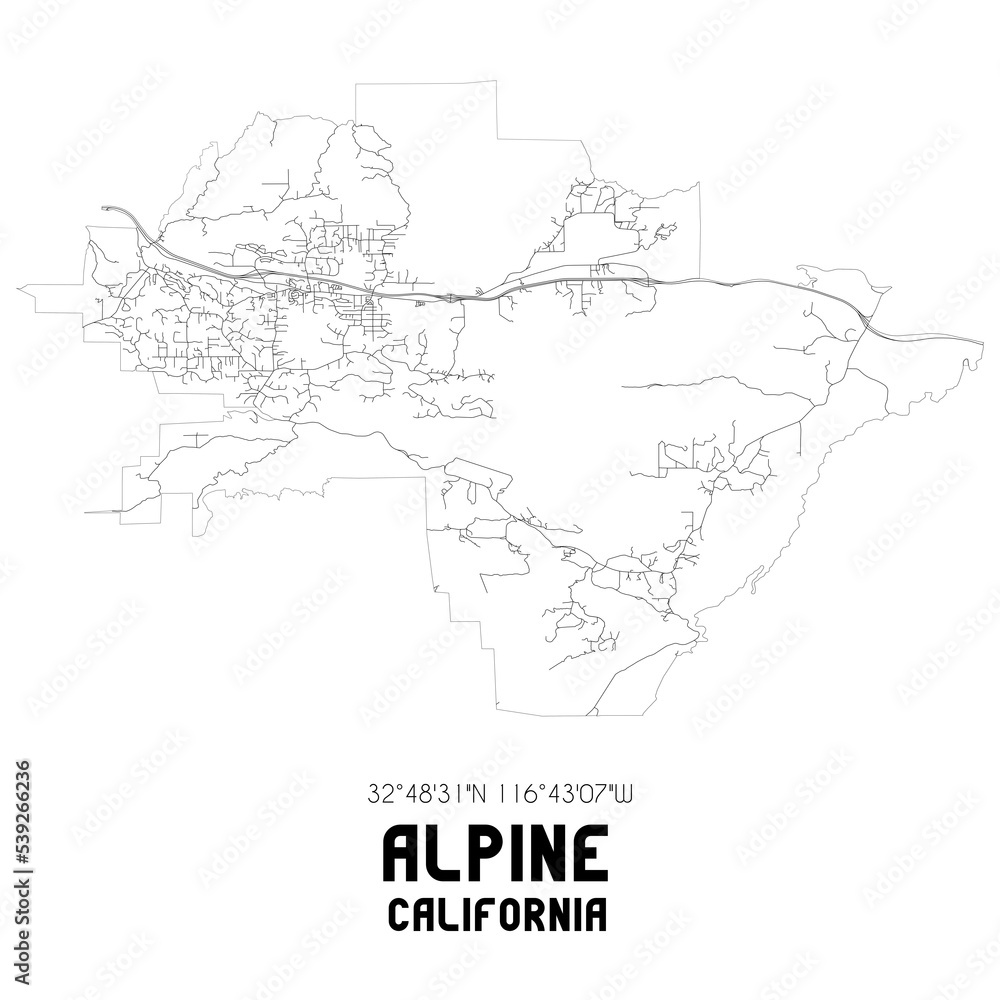 Alpine California. US street map with black and white lines.