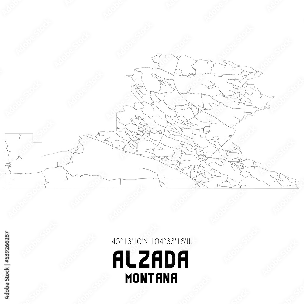 Alzada Montana. US street map with black and white lines. Stock