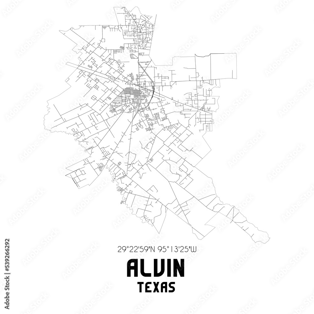 Alvin Texas. US street map with black and white lines. Stock