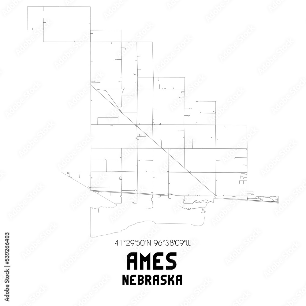Ames Nebraska. US street map with black and white lines.