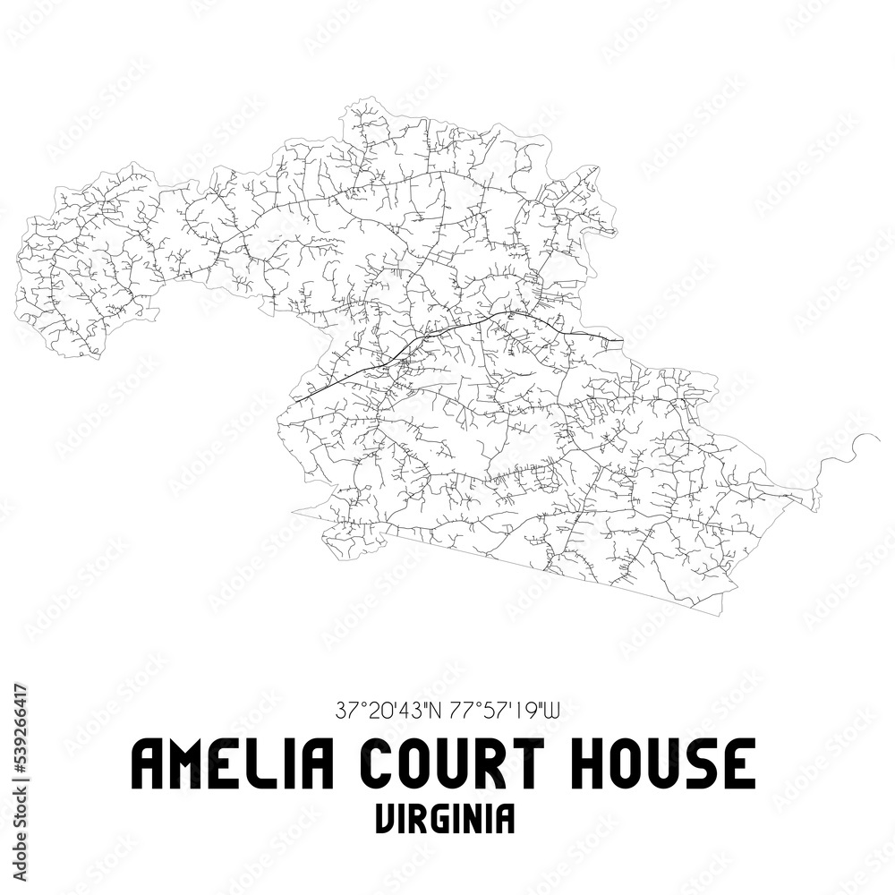 Amelia Court House Virginia. US street map with black and white lines.