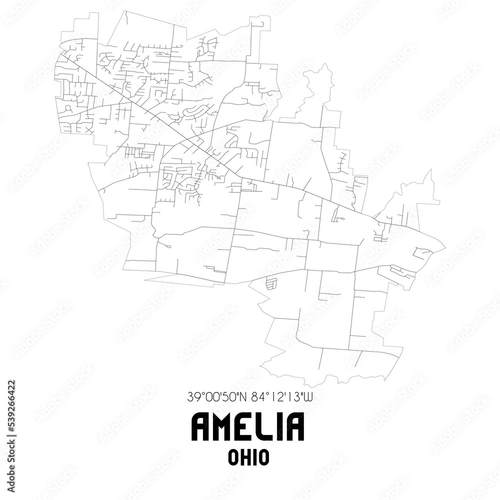 Amelia Ohio. US street map with black and white lines.