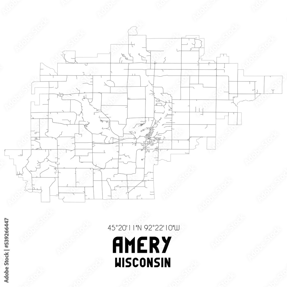 Amery Wisconsin. US street map with black and white lines.
