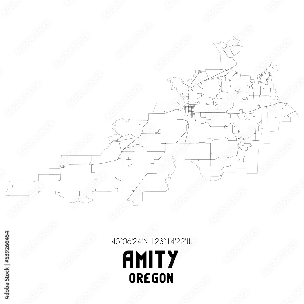 Amity Oregon. US street map with black and white lines.
