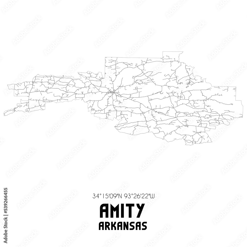 Amity Arkansas. US street map with black and white lines.