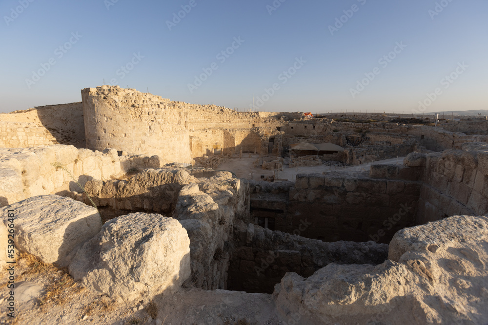 Mount Herodion and the ruins of the fortress of King Herod inside an artificial crater. The Judaean Desert, West Bank. High quality photo