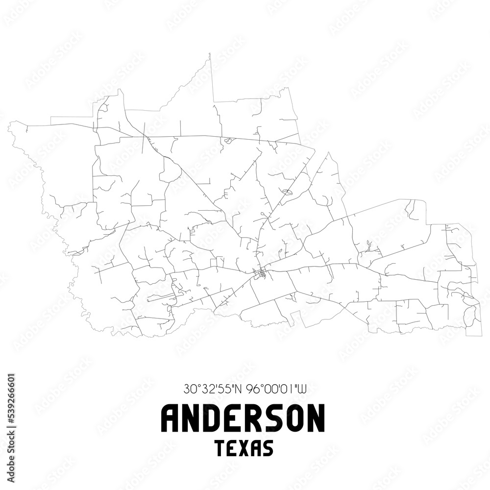 Anderson Texas. US street map with black and white lines.