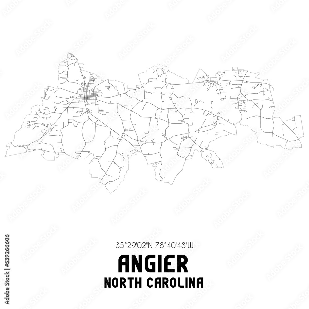 Angier North Carolina. US street map with black and white lines.
