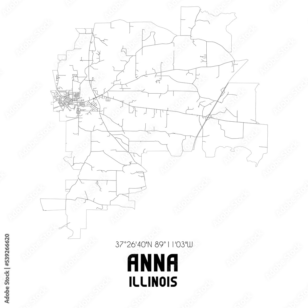 Anna Illinois. US street map with black and white lines.