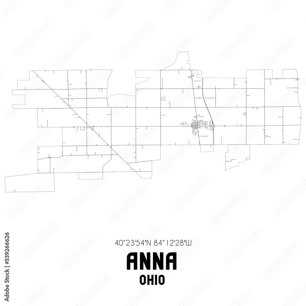 Anna Ohio. US street map with black and white lines.