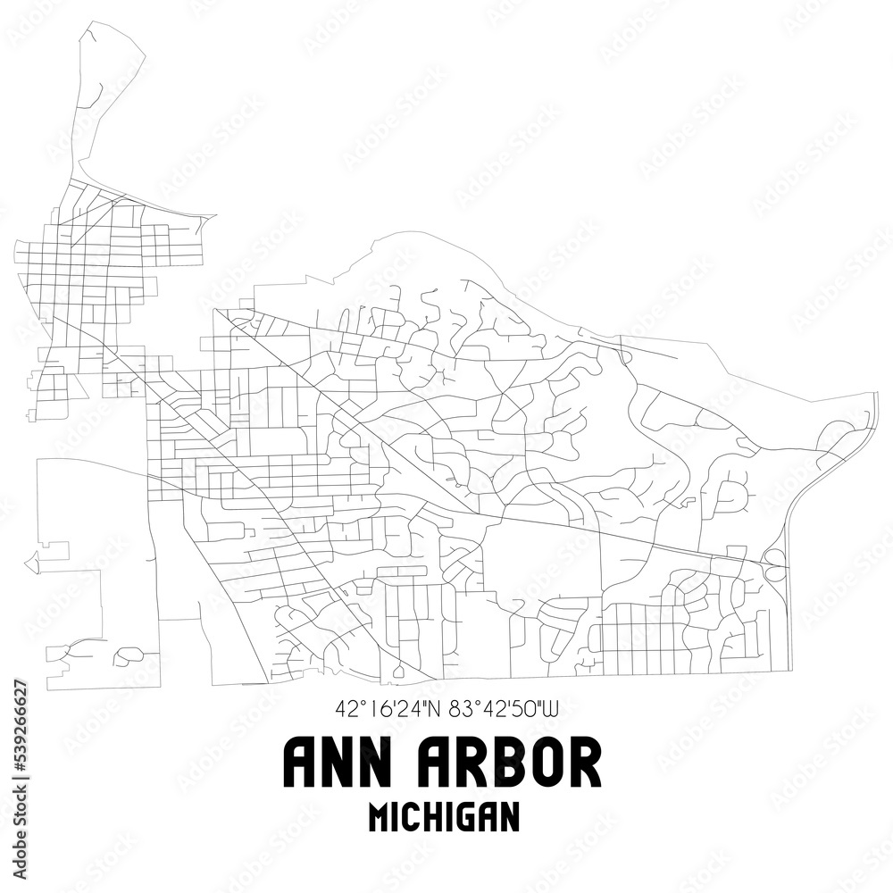 Ann Arbor Michigan. US street map with black and white lines.