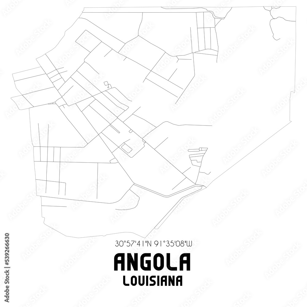Angola Louisiana. US street map with black and white lines.