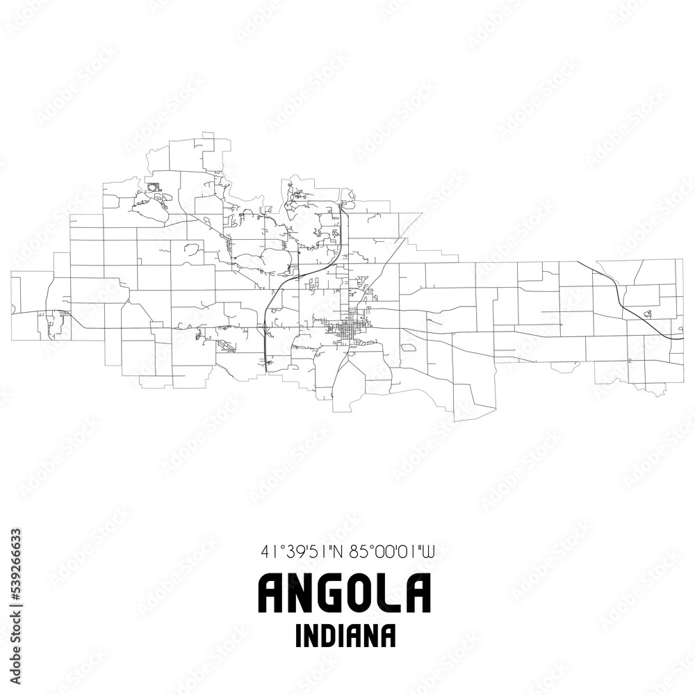 Angola Indiana. US street map with black and white lines.