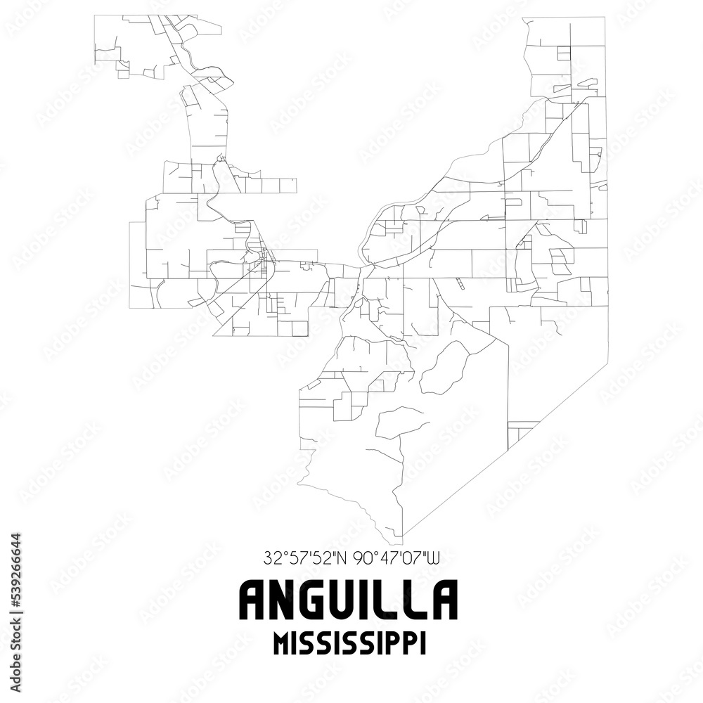 Anguilla Mississippi. US street map with black and white lines.